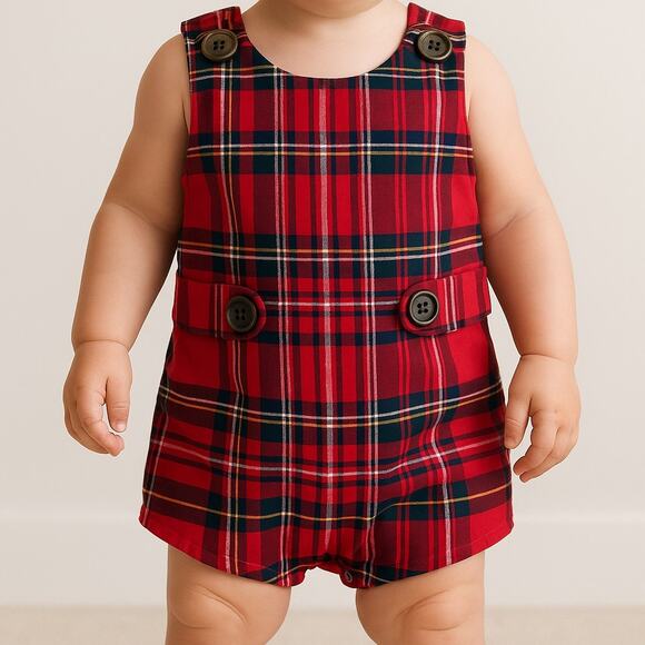 Nantucket Kids Plaid Jon Jon Holiday Romper Boy Girl Unisex Red Tartan 6M - Picture 1 of 7